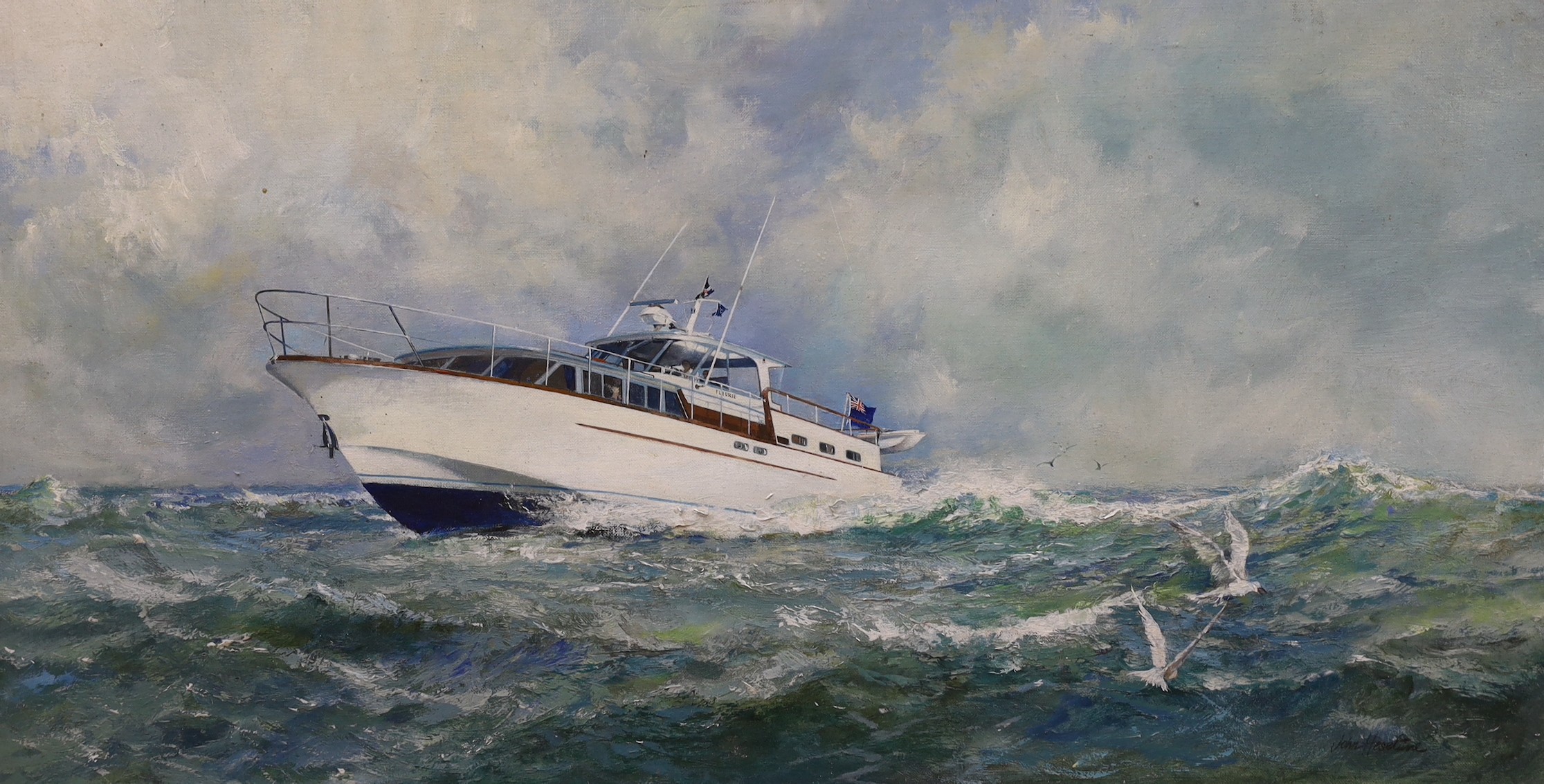 John Heseltine (1923-2016), oil on canvas board, Motorcruiser at sea, signed, 48 x 88cm